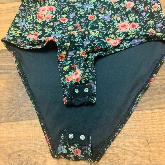 Forever 21 Black Floral Bodysuit Womens Sz S Strappy Mesh Sleeveless Top Stretch - Picture 3 of 7